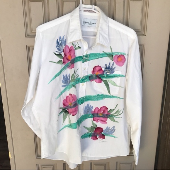 Creative art ware button down shirt. Long sleeves collar, cuffs. SzL floral - Picture 1 of 8